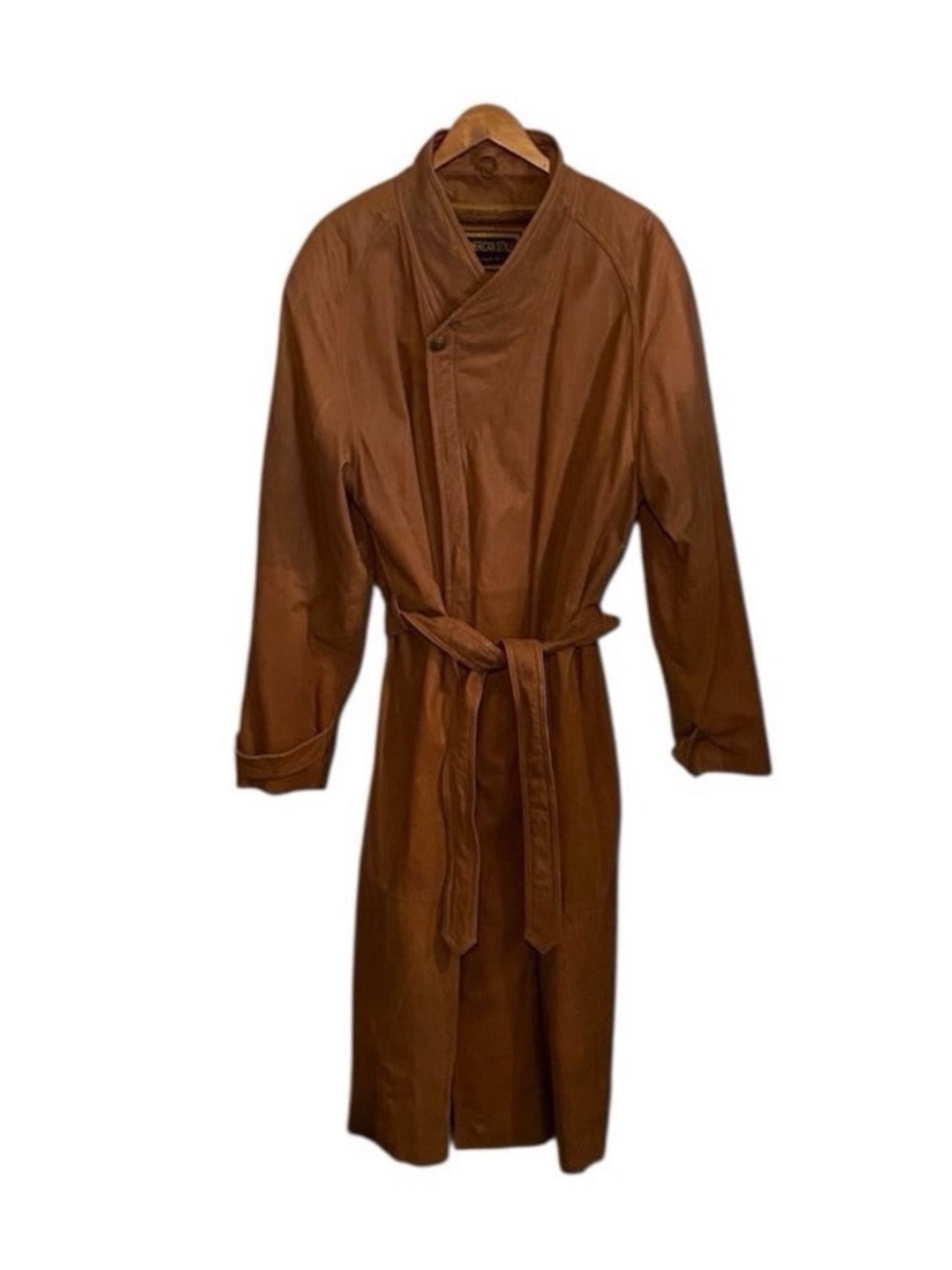 Vintage American Style Brown Leather Belted Trench Coat Mountain life old money